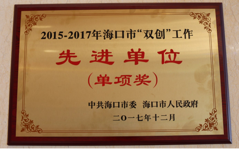 海南大酒店荣获2015-2017年海口市 “双创”工作先进单位荣誉称号